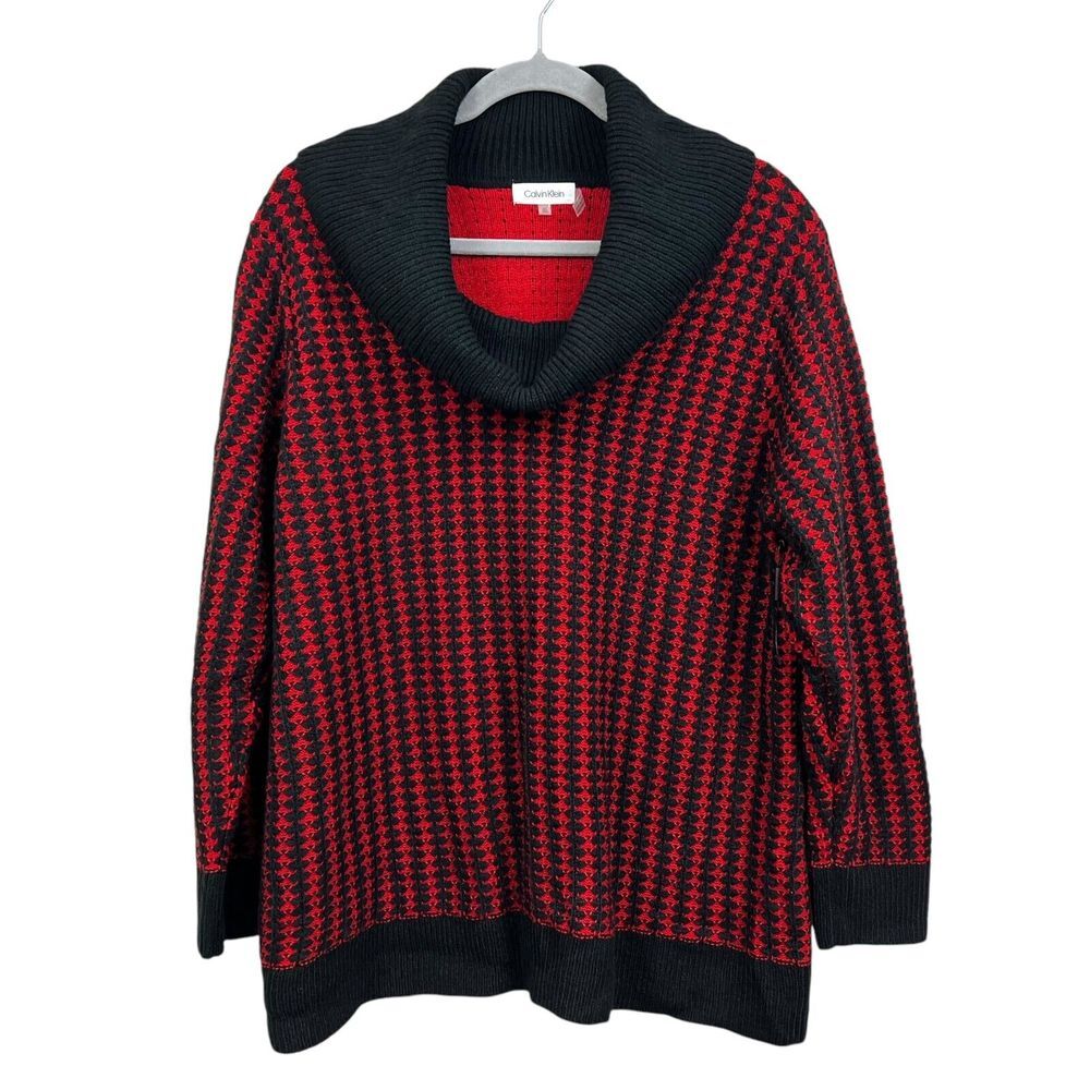 Calvin Klein Womens Knit Sweater Cowl Neck Red Black Size 0X*